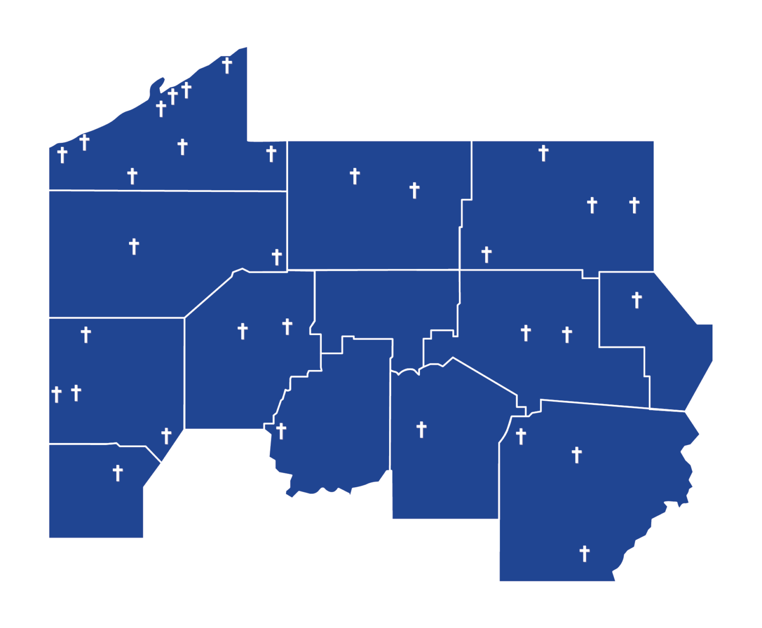 Map of 13 counties in northwestern Pennsylvania, with locations of Episcopal churches marked
